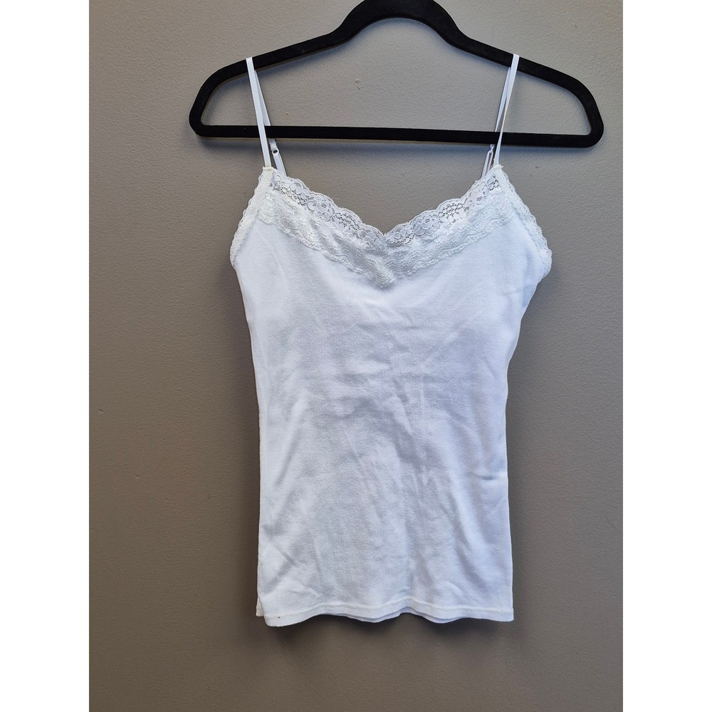 Aeropostale Women's LG BuiltIn Bra Lace Trim Cami Tank White Ribbed Y2K coquette